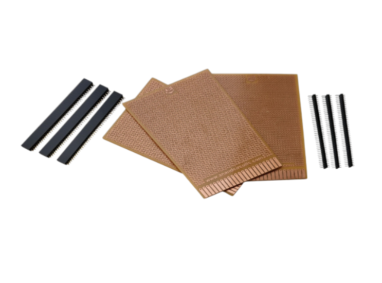 Combo - General Purpose PCB Breadboard – FR2 Phenolic - Set of 5 - 140mmx90mm – with holes plus Male & Female Berg Strips - 5 pcs each
